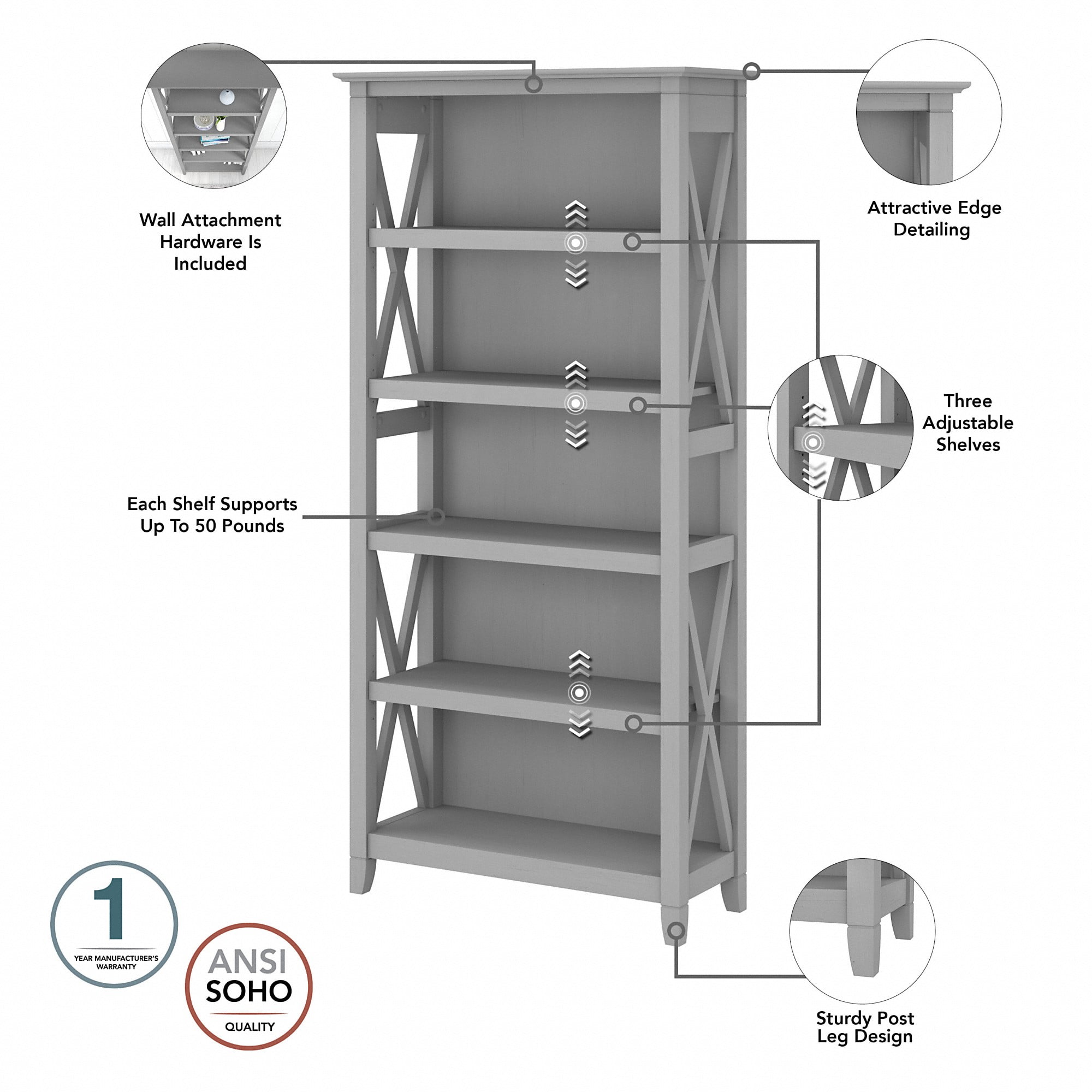 Bush Furniture Key West Tall 5 Shelf Bookcase, Set of 2, Cape Cod Gray