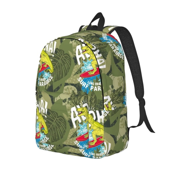 Disketp Surfing Dinosaur Mochila de Lona Estampada, Mochila Escolar de Viaje Ligera para Estudiantes y Portátil-Small