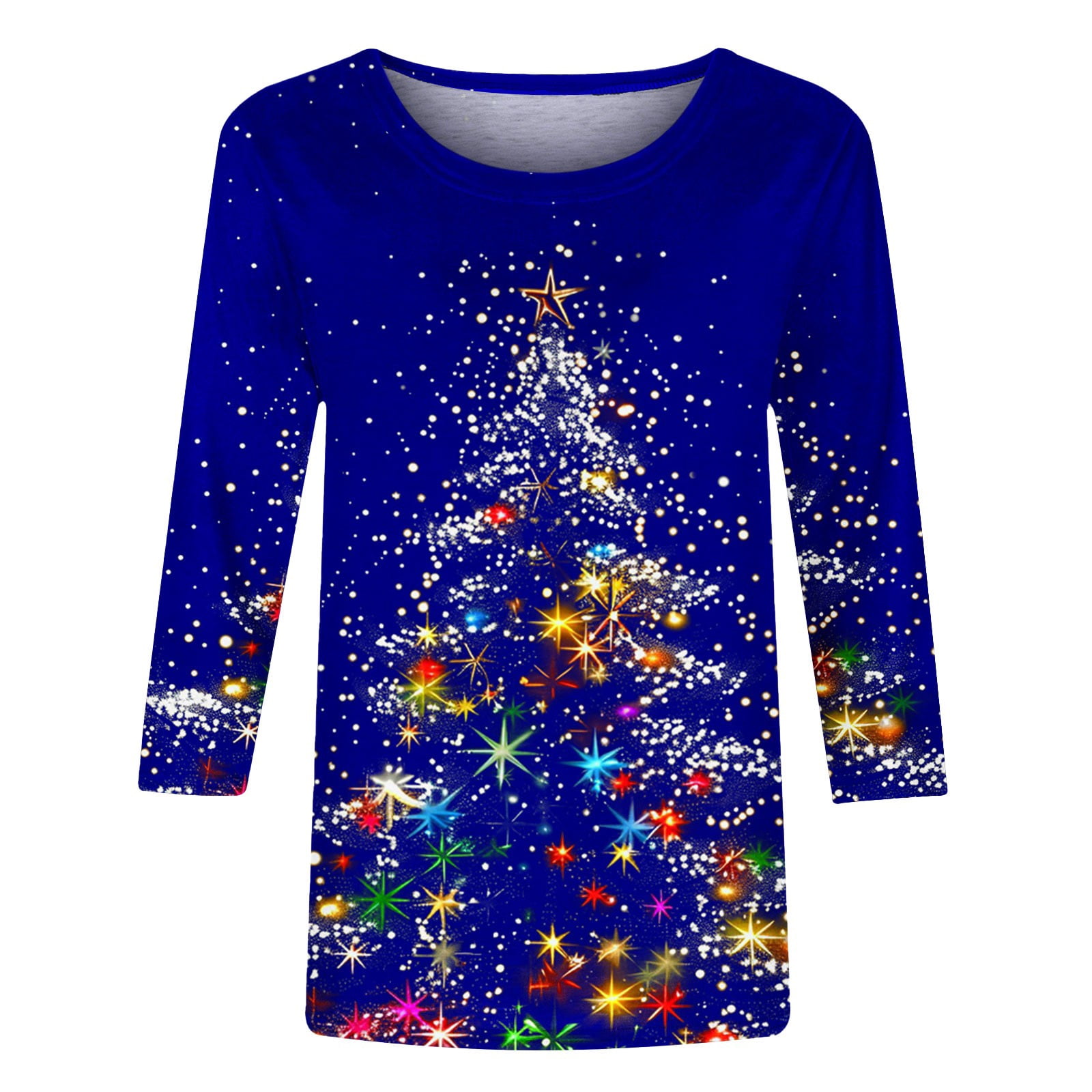 JURANMO Sales Prime Womens Christmas 3/4 Sleeve Crew Neck T-Shirts Glitter Xmas Trees Graphic Tees Tops Loose Fit Pullover Blouse Blue XXXL
