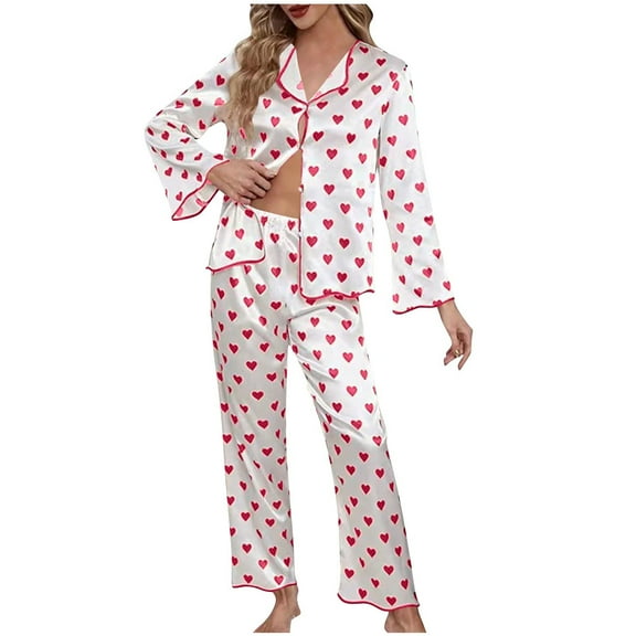 Womens Pajamas Long Sleeve Pjs Cute Love Print Notch Collar Button Up Shirs and Pants Loungewear Cozy Sleepwear Sets