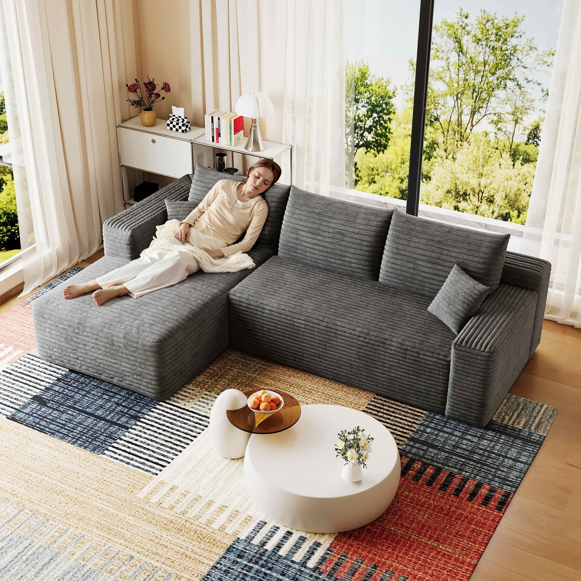 MAYEERTY 95 Inch Cloud U Shaped Sectional Sofa, Plush Corduroy Deep Seat Corner Couch, No Assembly Modern Minimalist Sofa for Living Room Apartment
