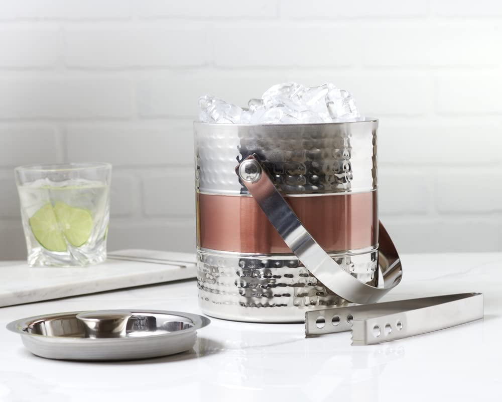 Sol Living Ice Bucket - Double Wall Stainless Steel - Includes Tongs and Lid - Wine & Champagne Holder - For Home, Bars, Commercial Use - Ribbed Finish - Hammered Copper, 1.6 Qt.