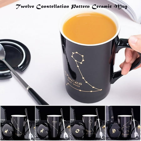 

Contellation Ceramic Mug with Lid Spoon Coffee Cup 12 Astrological Signs Black Unique Gift