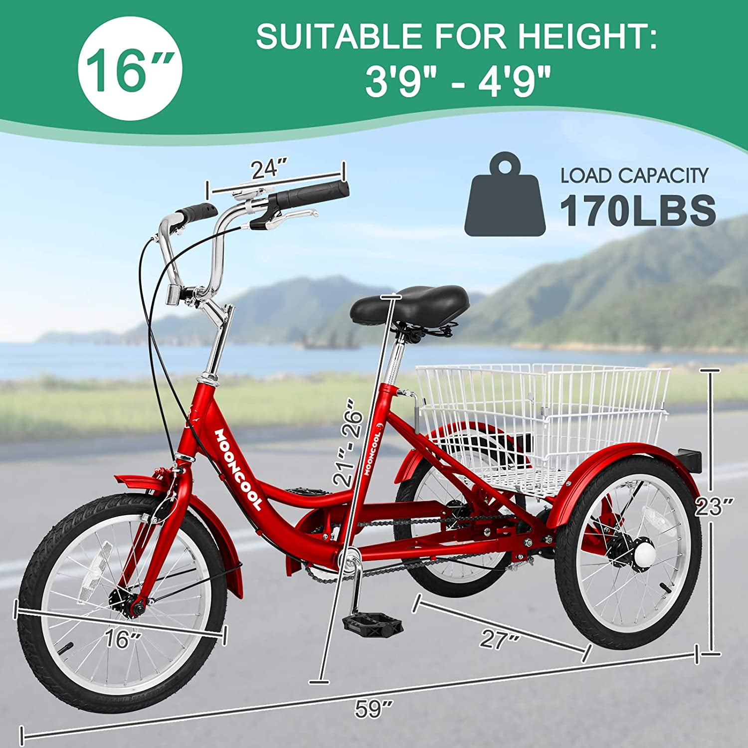 Slsy 16 inch Tricycle Trikes for Beginner Riders, Small Tricycle Single Speed 3 Wheel Bikes, Low Step Through Three-Wheeled Bicycles with Rear Basket