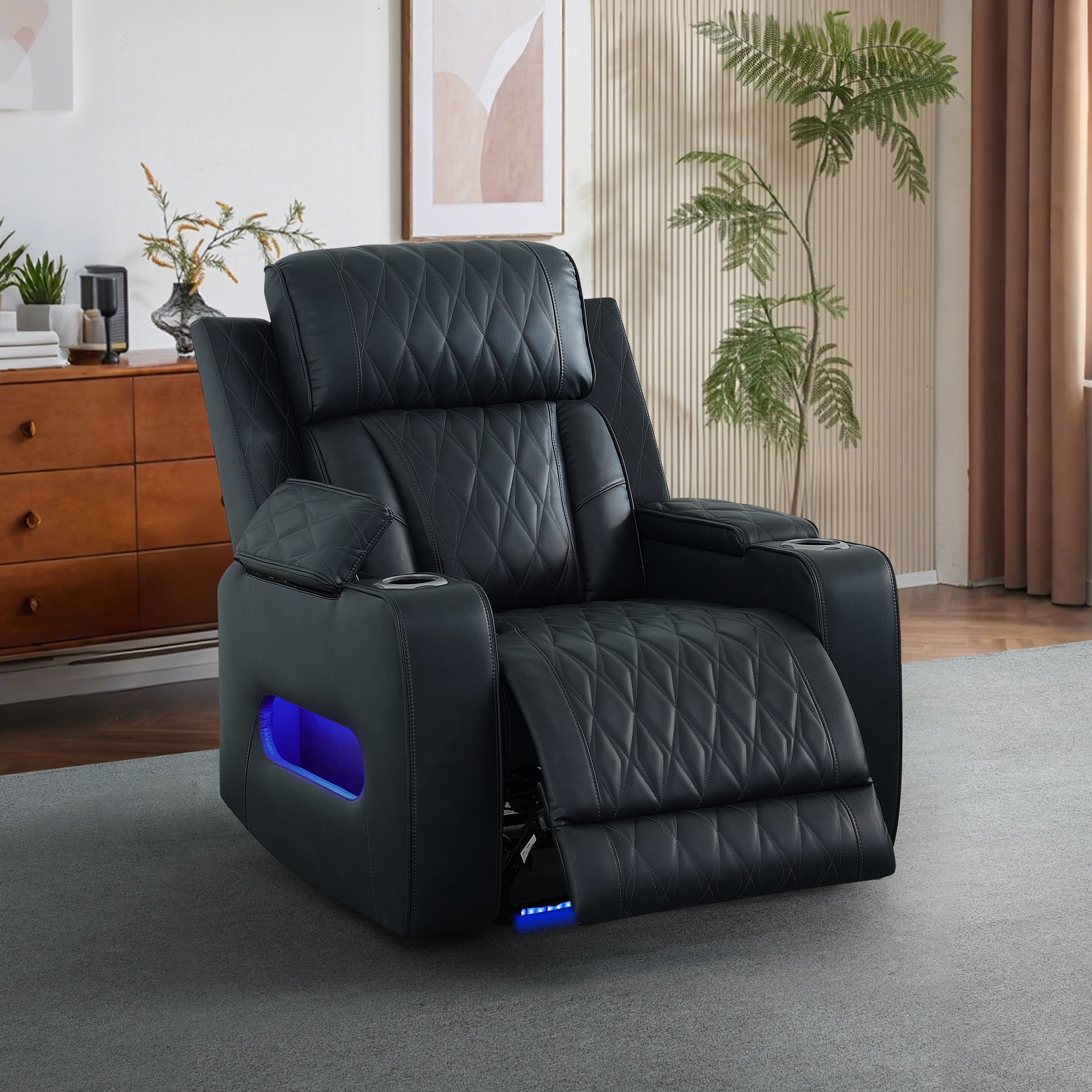Gewnee Power Recliner Chair, Adjustable Reclining Lounge Chair with USB Ports, LED Lights & Cup Holders, Air Leather Upholstered Single Sofa Recliner for Living Room, Office, Blackish Gray
