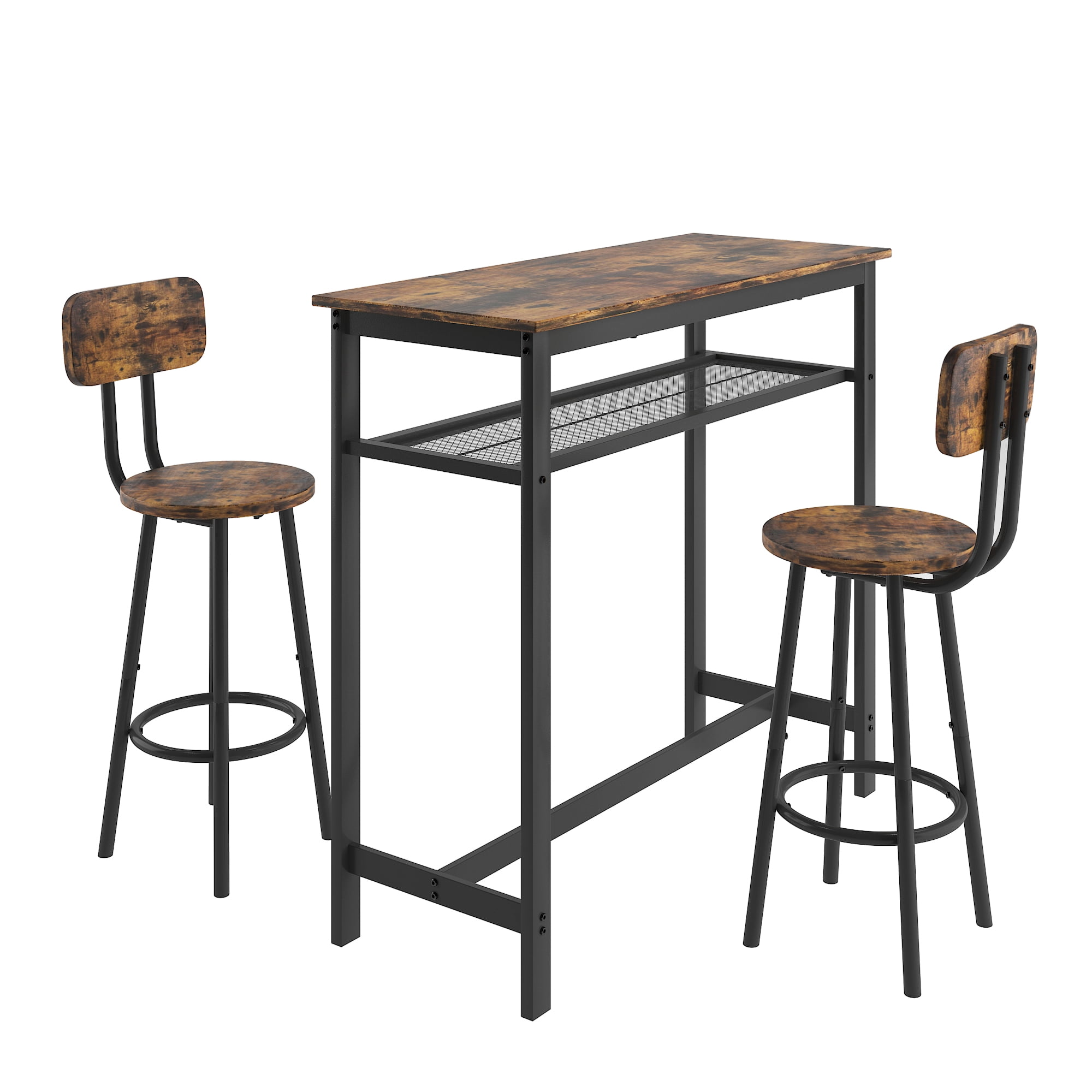 3-Piece Bar Table Set,Bistro Kitchen Table Sets with Metal Frame & Storage Rack,Modern Counter Height Table with 2 Stools for Kitchen, Dining Room, Living Room,
