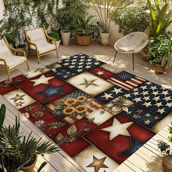 Fsddascl American Flag Outdoor Rug for Patio/Deck/Porch, Non-Slip Large Area Rug 4 x 6 Ft, Texas Star Farmhouse Sunflowers Blue Red Indoor Outdoor Rugs Washable Area Rugs, Camping Rug Carpet