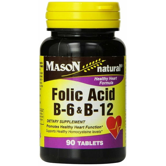 Mason Natural, Heart Formula B6/B12/Folic Acid Tablets, 90-Count Bottles (Pack of 3), Dietary Supplement Supports Cardiovascular Health, Red Blood Cell Formation, Metabolic Function