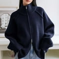 thumbnail image 6 of Womens Knit Sweater Full-zip Jacket Double Zippers High Neck Loose Long Sleeve Fall Outerwear Sweaters Coat (Free Size, Navy), 6 of 7