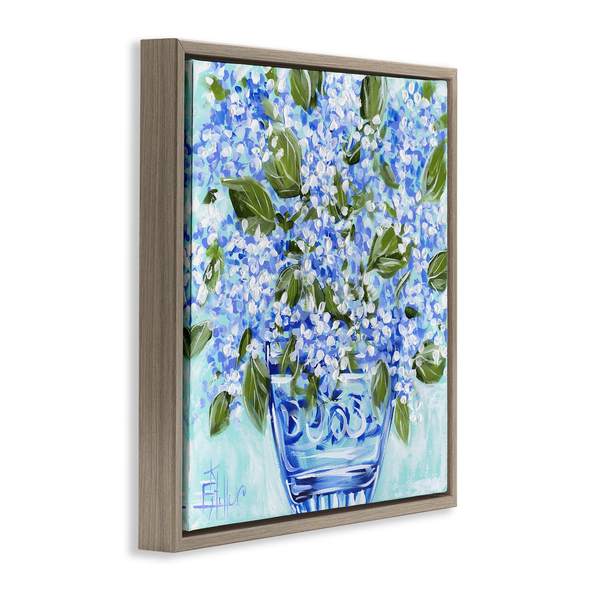 Stupell Industries Cool Bouquets in Blue Vase Brown Framed Floater Canvas Wall Art, design by Estelle Grengs