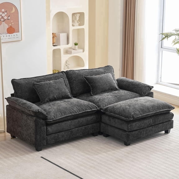 IPKIG Sectional Sofa Comfy Cloud Couch for Living Room with Pillows, Modern Chenille Sofa Sleeper Deep Couches with Ottoman (Black, 3-Seat)