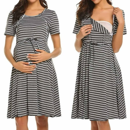 

Egmy Woman O-Neck Stripe Short Sleeve Breast-Feeding Pregnant Maternity Nursing Dress