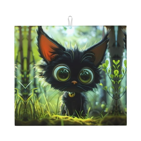 

Dish Drying Mats for Kitchen Counter - Cute Big-Eyed Black Cat 16x18In Anti-Slip Absorbent Microfiber Drying Mat for Kitchen Counter Mat Dish Rack Mat with Hanging Loop