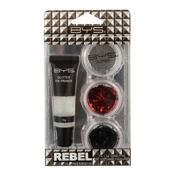 BYS Glitter Face and Body Kit Rebel - instant sparkle three pots assorted glitters experiment different textures and dimensions Glitter Fix Primer to set and hold in place
