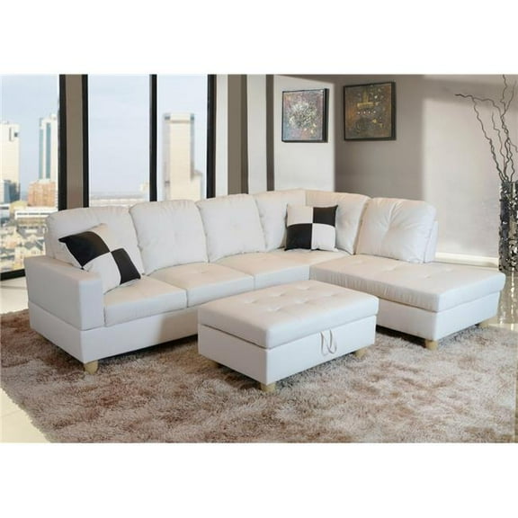 Beverly Fine Furniture Right Facing Russes Sectional Sofa Set with Ottoman, White