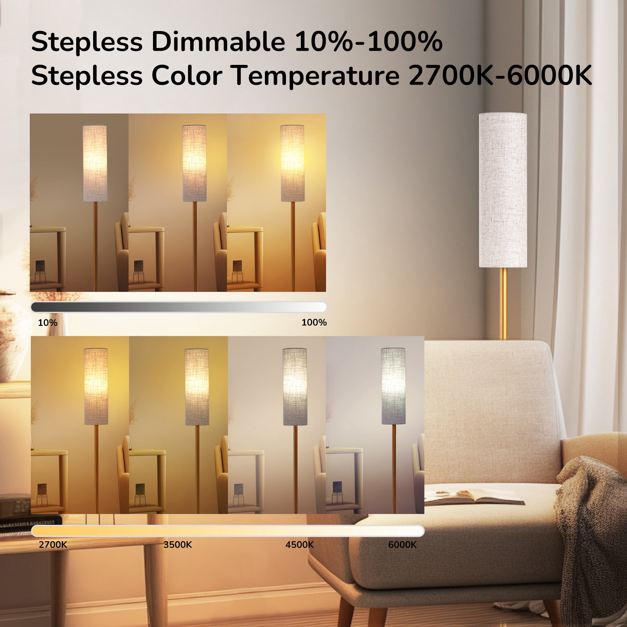 EDISHINE 65in Gold Floor Lamps with Remote for Living Room, 2700K-6000K, Standing Tall Lamp with Night Light Mode and Timer, LED Bulb Included