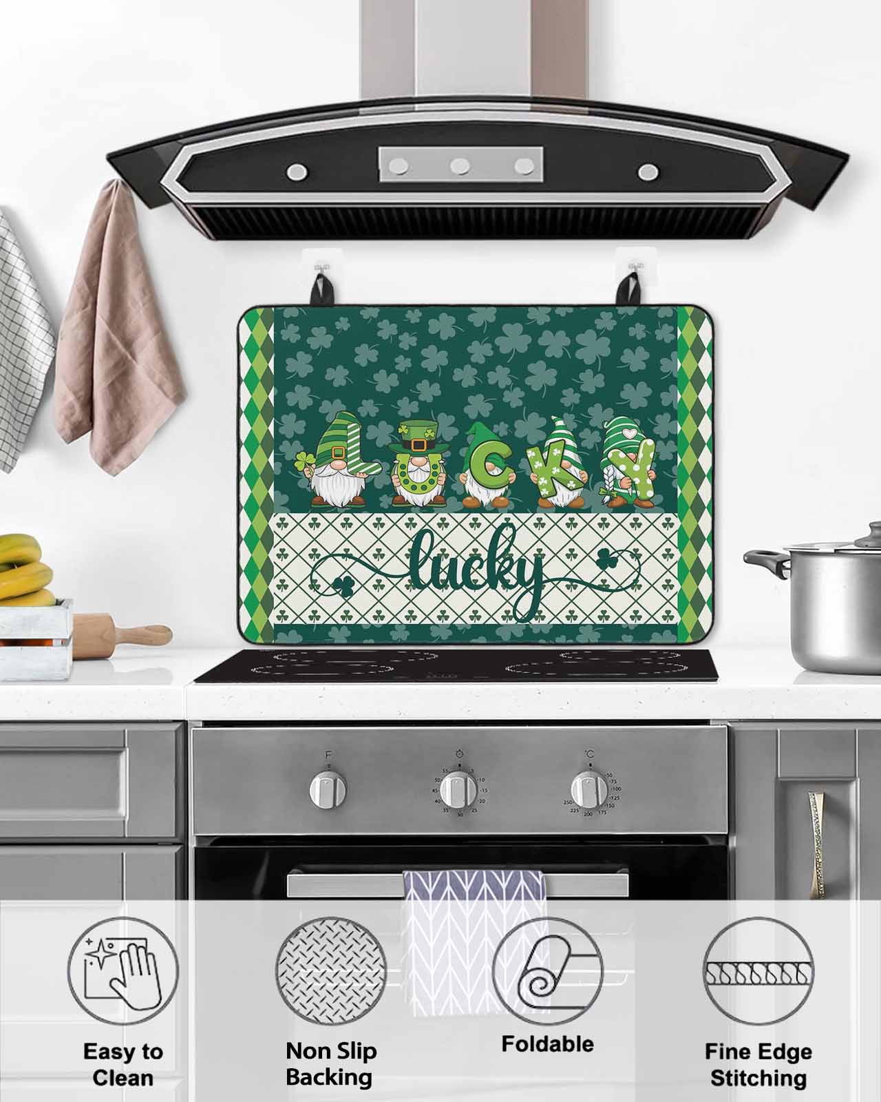 Large Induction Cooktop Protector Mat St. Patrick's Day Stove Top Covers for Electric Stove, Spring Green Lucky Shamrock Gnomes Plaid Decorative Stove Burner Cover Mats, Glass Top Stove Cover