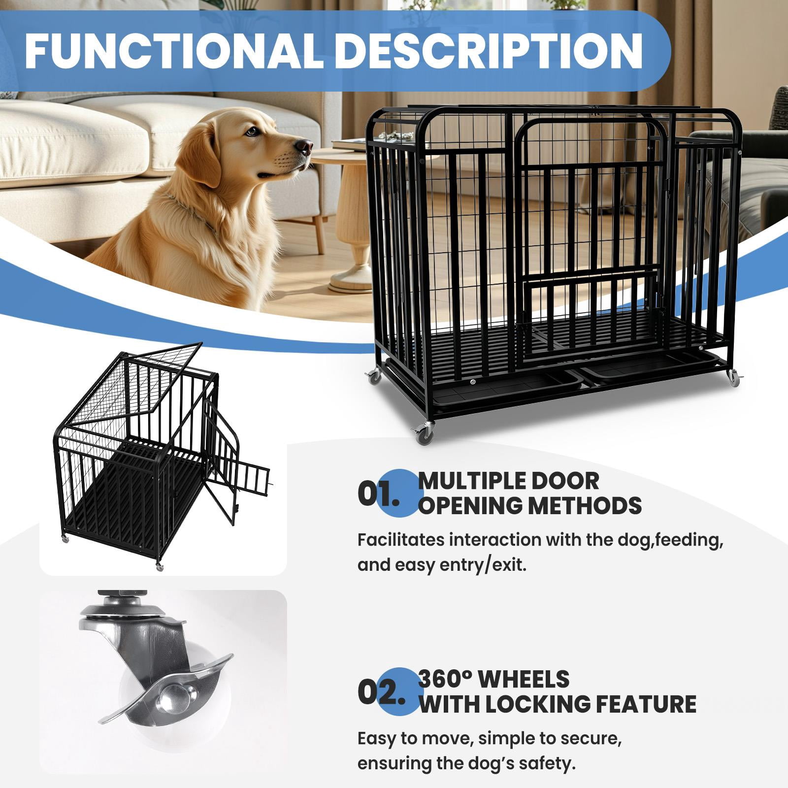 Black 42inch Indestructible Dog Cage, Double Door Dog Crate with Lockable Wheels, Easy Clean Removable Tray Dog Kennel for indoor apartment pet daily care and confinement