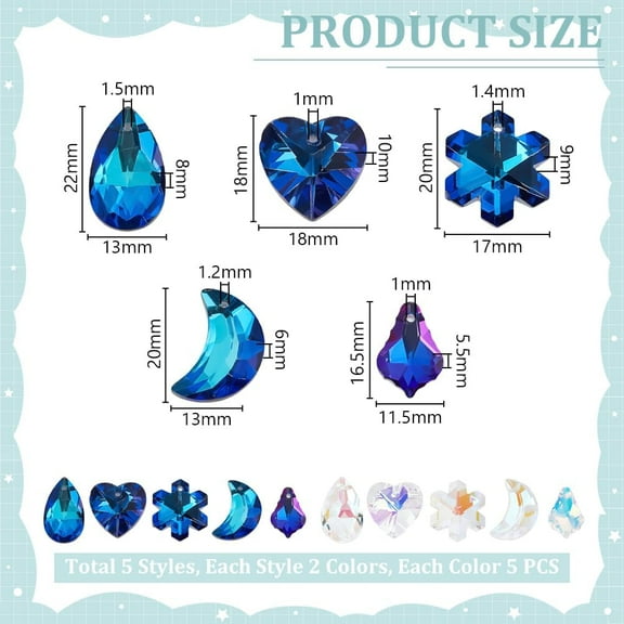 50Pcs 5 Styles Glass Beads Bulk Assorted Pendant 2 Colors Mix Shapes Loose Beads Kit Charms Pendant for Necklace Earring DIY Jewelry Craft Making Decorations