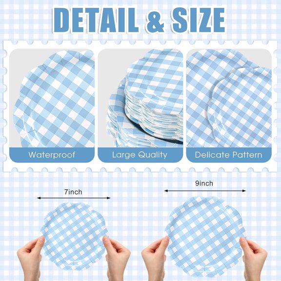 YUYAN-100 Pack Christmas Paper Plates 9" & 7" Snowman Winter Gingham Disposable Dessert Plates for Holiday Xmas Party Supplies(Scalloped,Light Blue)
