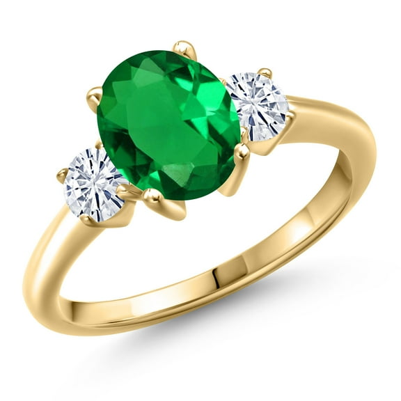 Gem Stone King 10K Yellow Gold Green Nano Emerald and White Moissanite Engagement Ring for Women | 1.96 Cttw | Oval 9X7MM | Gemstone May Birthstone | Size 6
