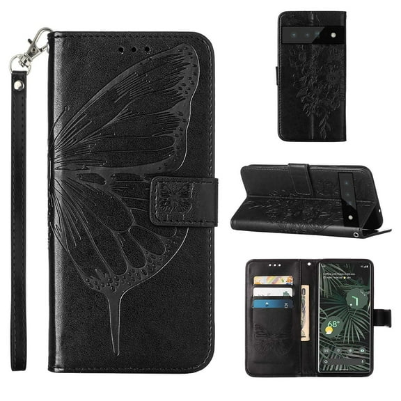 SaniMore Case for Google Pixel 7 Pro (6.7" 2022), PU Leather Skin with Luxury Embossed Butterfly [Wrist Strap & Card Slots & Flip Kickstand] Full-body Shockproof Business Wallet Cover, Black
