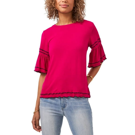 Vince Camuto Women's Pink Ruffled Embroidered-Trim Top