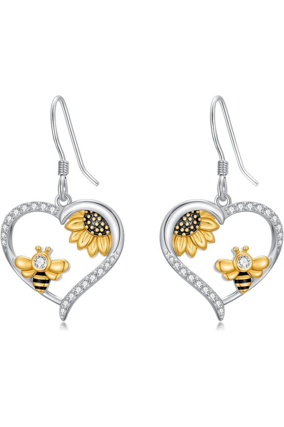 Bee Heart Earrings for women 925 Sterling Silver Bee Sunflower Dangle Birthday Christmas Gifts for Women