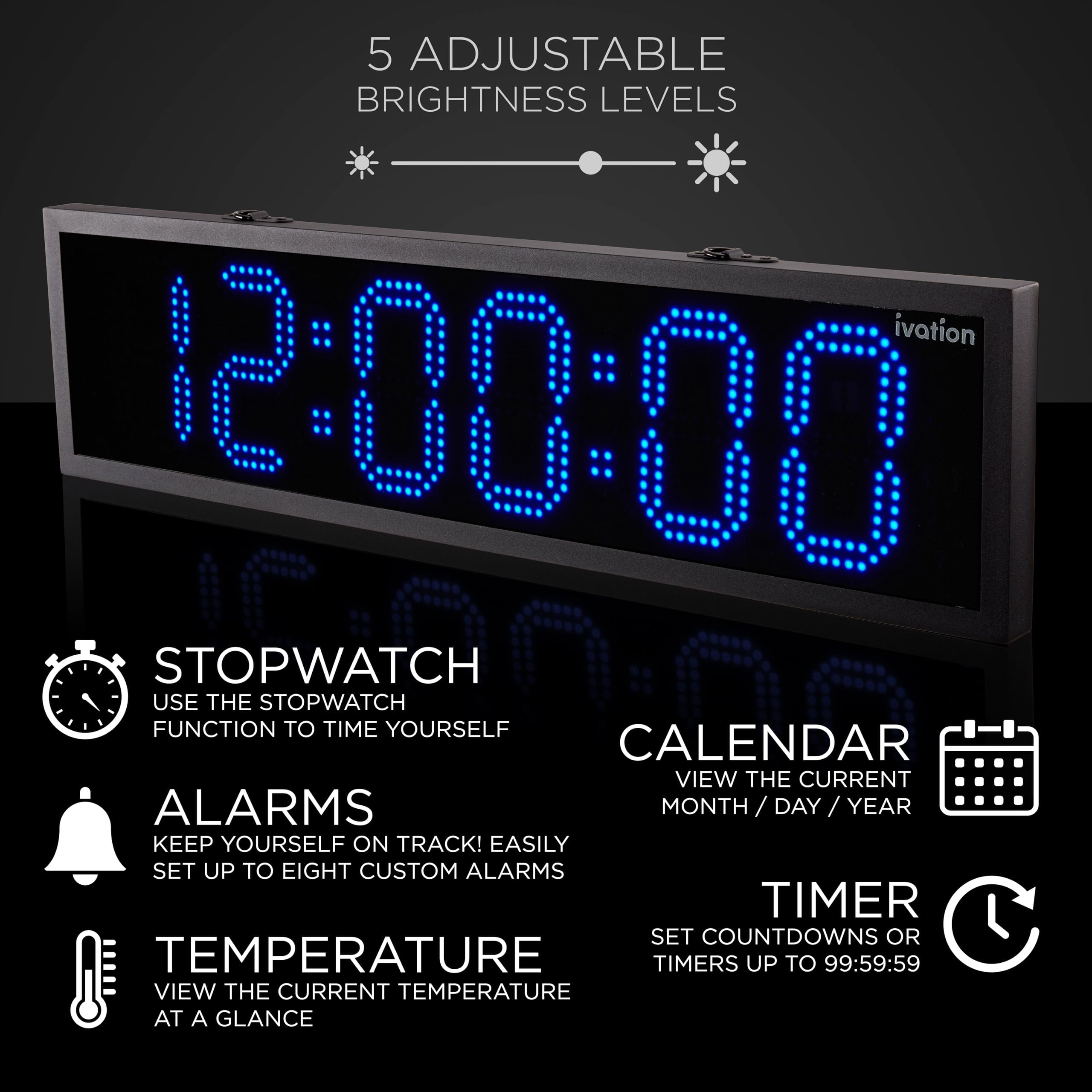 Ivation 36" Waterproof Large Digital Clock, Outdoor Large LED Clock with Stopwatch, Alarms  - Blue
