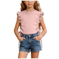 thumbnail image 3 of YDFCWXW Girls Crop Tops Ruffle Sleeve T-Shirts Summer Solid Color Ruched Tie Up Basic Tees Shirts for Kids 2-10 Years (Pink, 4-5 Years), 3 of 9