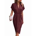 thumbnail image 3 of Women'S V Neck Elegant Dress Irregular Sleeve Solid Color Bodycon Midi Cocktail Gown Reddish-Brown XL, 3 of 8