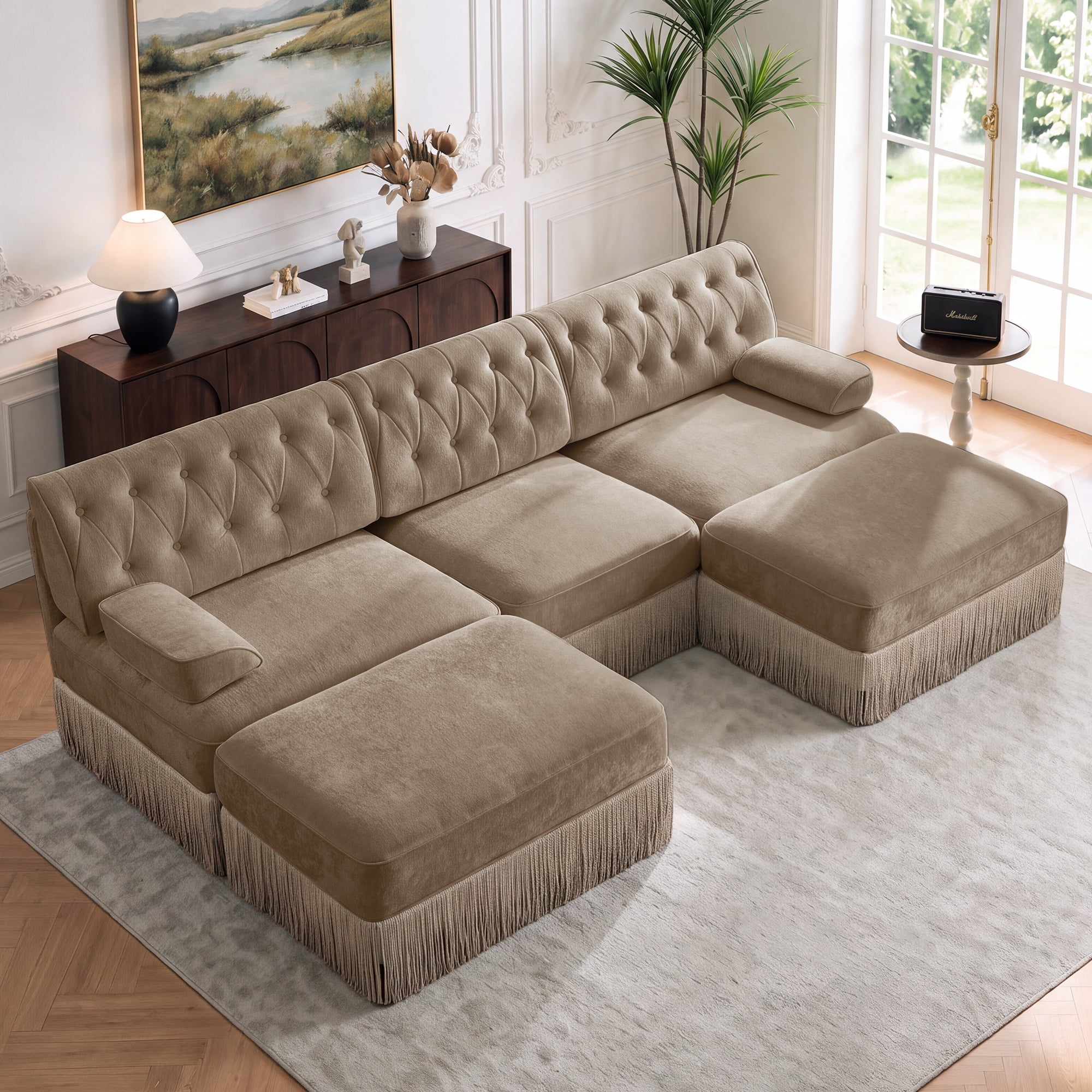 106" Chesterfield 3 Seater U-Shaped Modular Sectional Sofa Set with 2 Ottoman and Tassel Skirt, Easy to Assemble