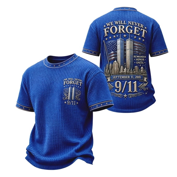 Men's 9/11 25th Anniversary Shirt Commemorative T‑Shirt Waffle Knit Crew Neck Short Sleeve Memorial Tee Vintage Graphic Casual Summer Fall Top Royal Blue XXL