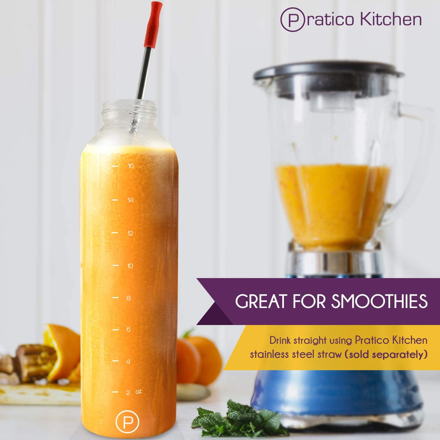 Pratico Kitchen 20 oz. Leak-Proof Glass Bottles, Juice Containers and  Smoothie Bottles, Stainless Steel Caps, 4 Pack