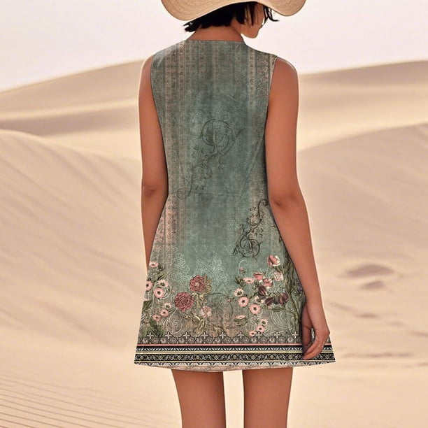 WILLBEST Vestidos De Verano Vestido De Lino Para Mujer Vestido De Playa Informal Hasta La Rodilla Vestido Sin Mangas Vestido Casual Estampado De Verano Con Bolsillos