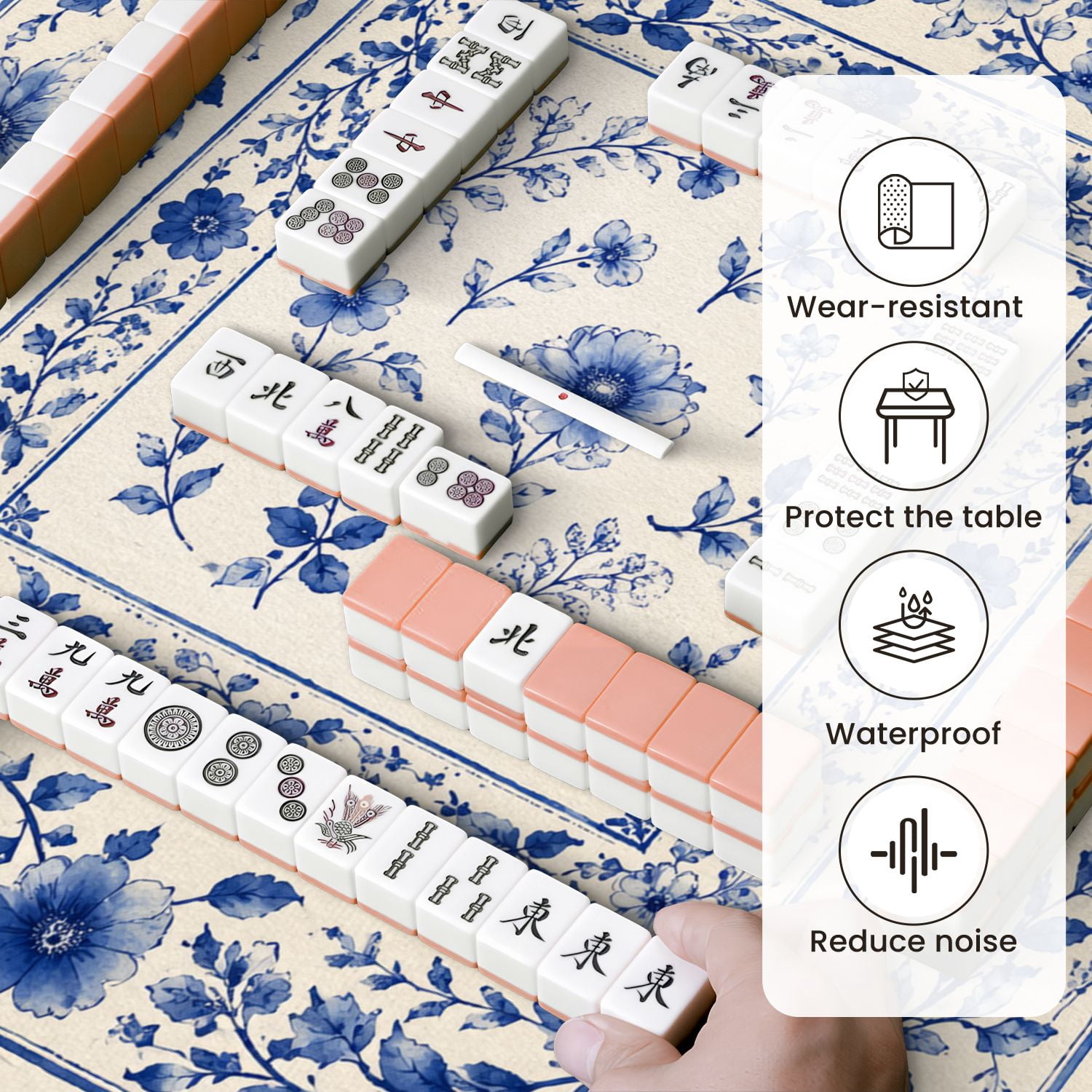 Mahjong Mat 31.5" x 31.5" Blue White Floral Ornamental Vintage Style Non-Slip Noise Reduction Mahjong Tiles Table Cover for Dominoes Poker Card Board and Tile Games