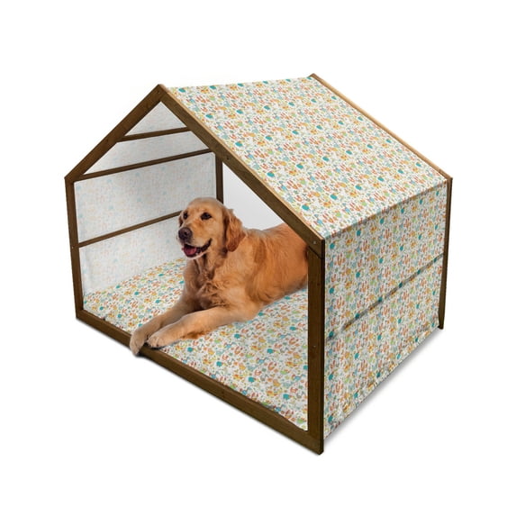 Animals Pet House, Cheerful Farm Animals in Many Colors with Spring Summer Flowers and Hearts, Outdoor & Indoor Portable Dog Kennel with Pillow and Cover, 5 Sizes, Multicolor, by Ambesonne