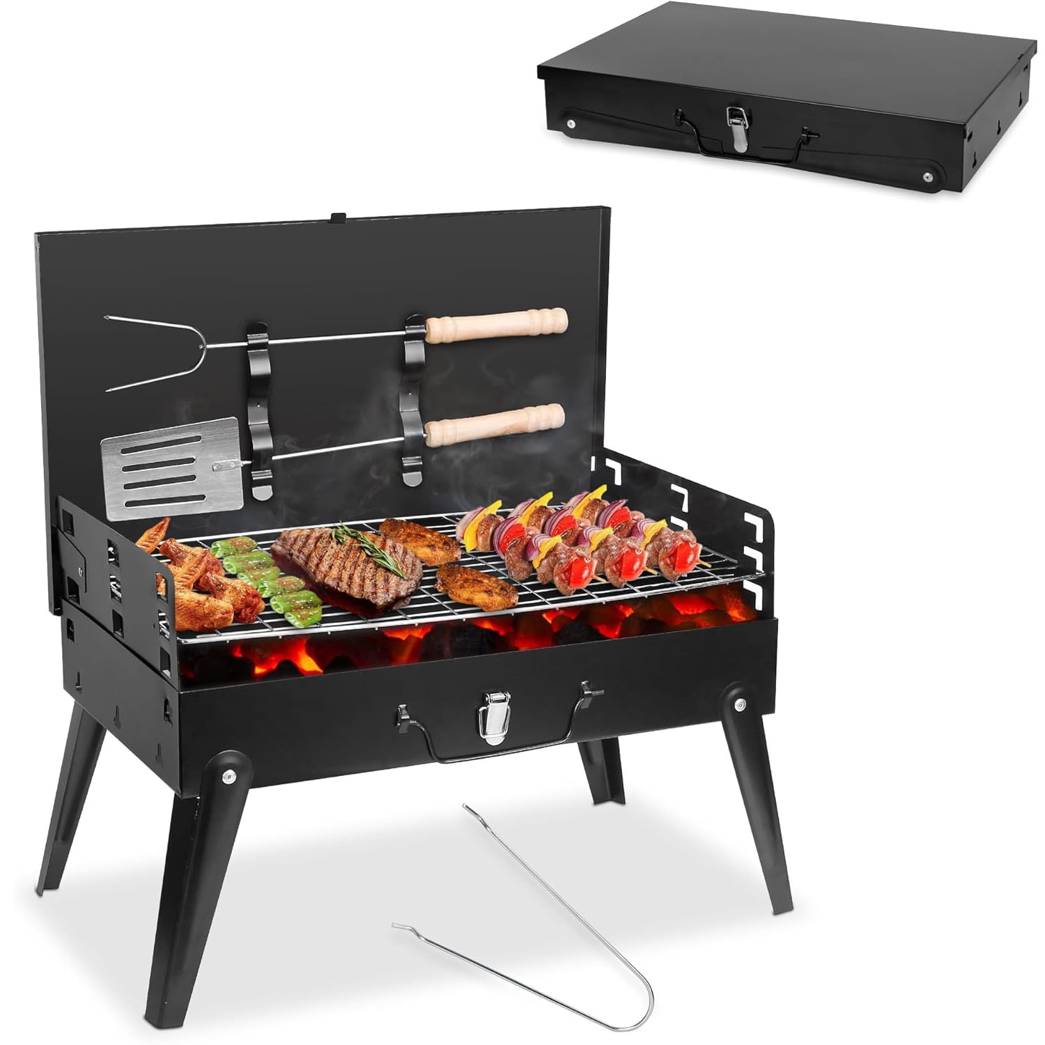 Portable Charcoal Grill, Small BBQ Grill Outdoor Folding Barbecue Grill with Barbecue Accessories & Lid, Foldable Camping Grill for Outdoor Cooking Camp Picnic Hiking Beach Patio Smokers