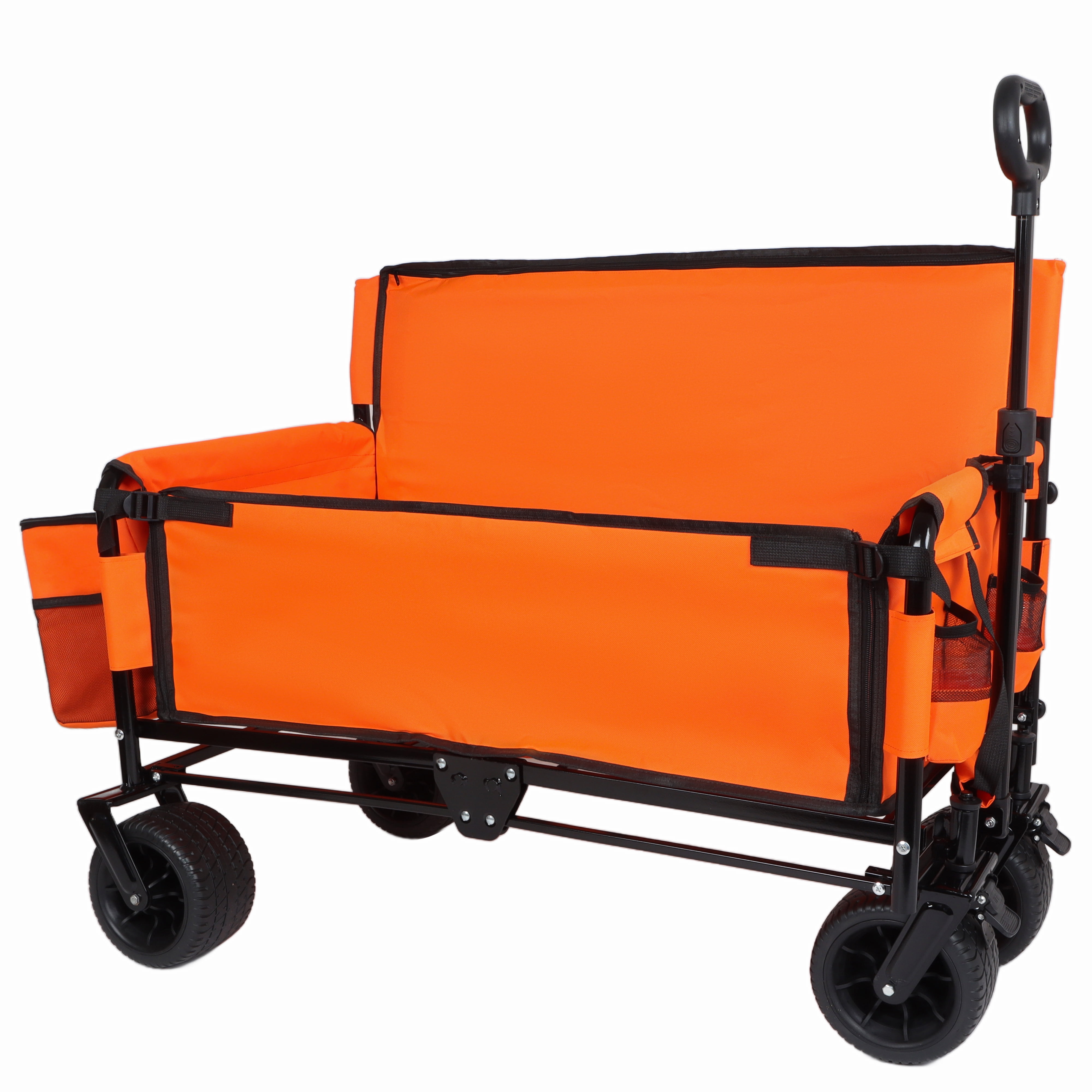 3-in-1 Folding Wagon Cart with Bench Seat, 500lbs Heavy-Duty Utility Wagon, 180L Capacity All-Terrain 360° Wheels with 1 Ice Pack for Camping Beach Sports Garden, Orange