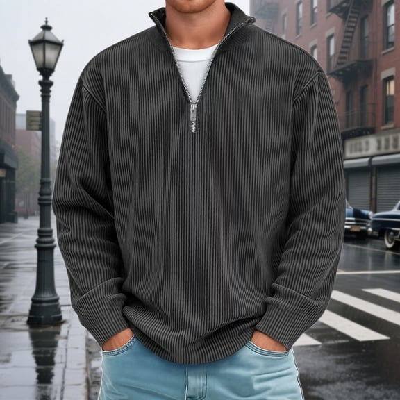 FAOWME Men's Pullover Long Sleeve Stand Collar Half Zipper Solid Color Comfortable Breathable Sweatshirt For Casual Daily Wear Black S