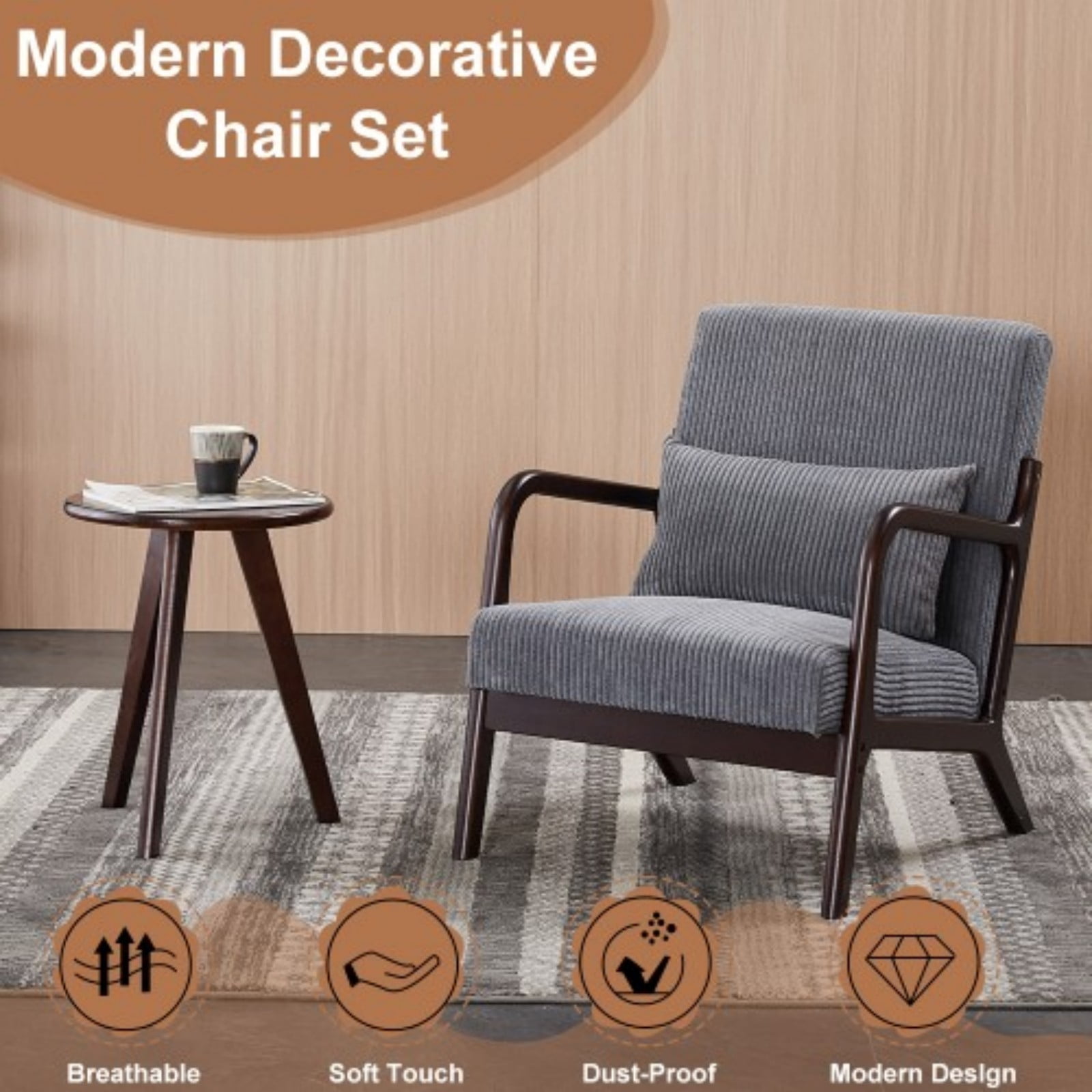 Mid-Century Modern Accent Chair, Upholstered Reading Arm Chair with Pillow, Solid Wood Frame Living Room Chair for Bedroom Balcony, Dark Grey