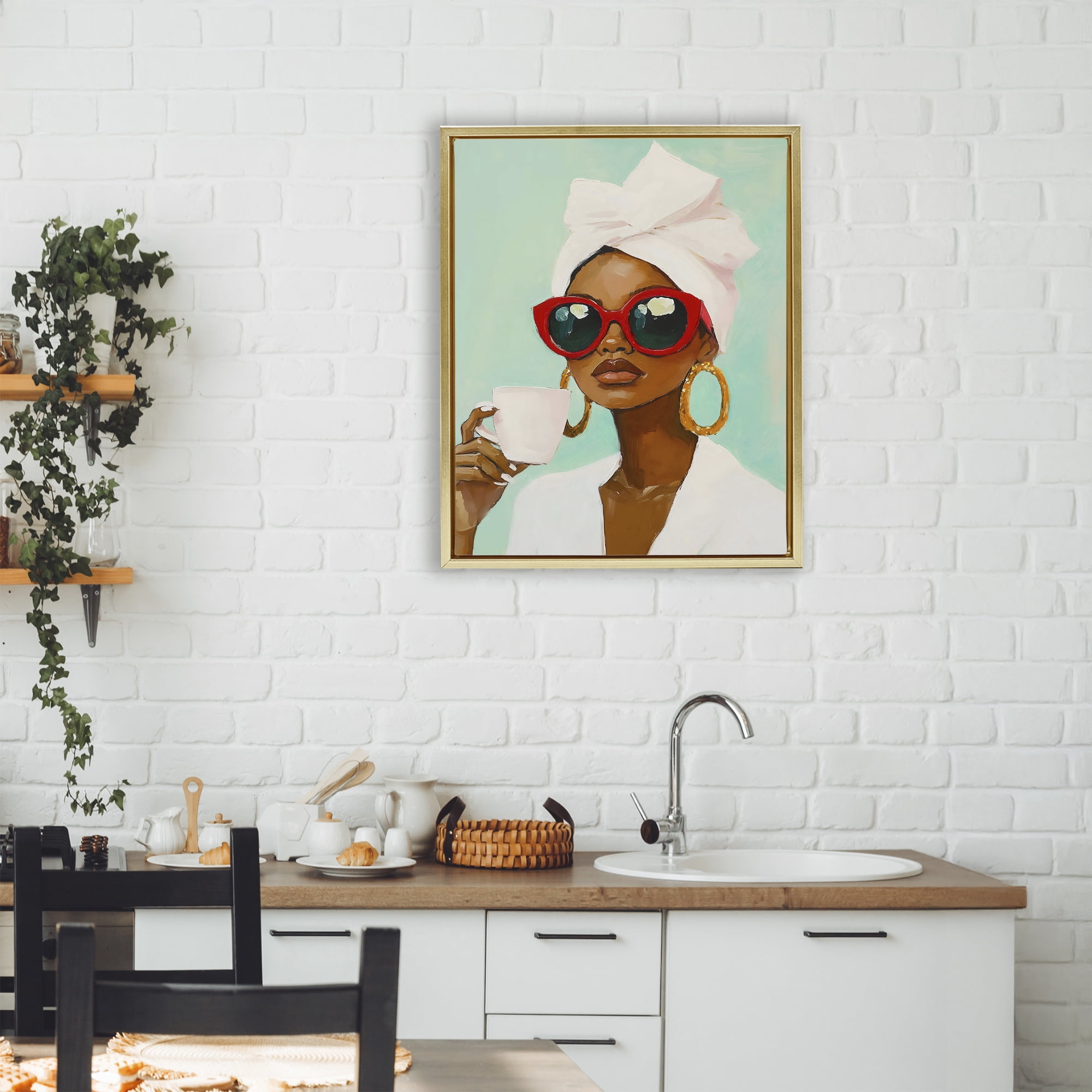 Stupell Industries Coffee Lover in Red Sunglasses Gold Framed Floater Canvas Wall Art, design by The Prints Vibe