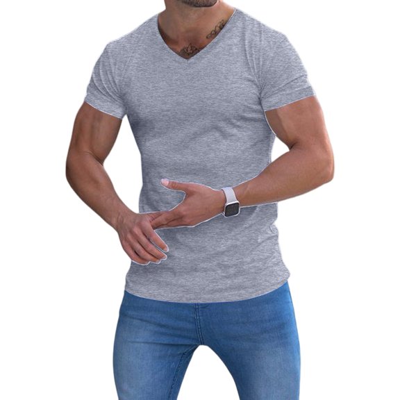 Men'S Solid Color V-Neck Moisture Wicking Quick Dry Athletic Short Sleeve T-Shirt Light Gray L