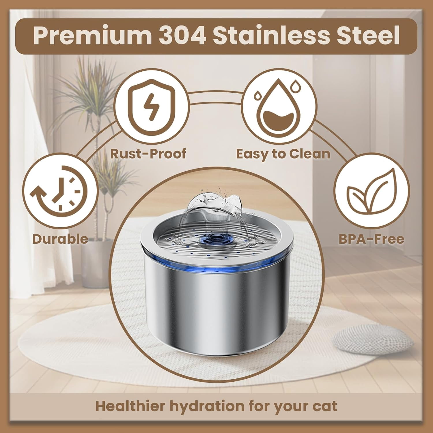 ABCISI Stainless Steel Cat Water Fountain, 74oz/2.2L Automatic Pet Fountain with Filters & USB Pump, Ultra Quiet Water Dispenser for Cats Indoor, LED Monitoring Water Level