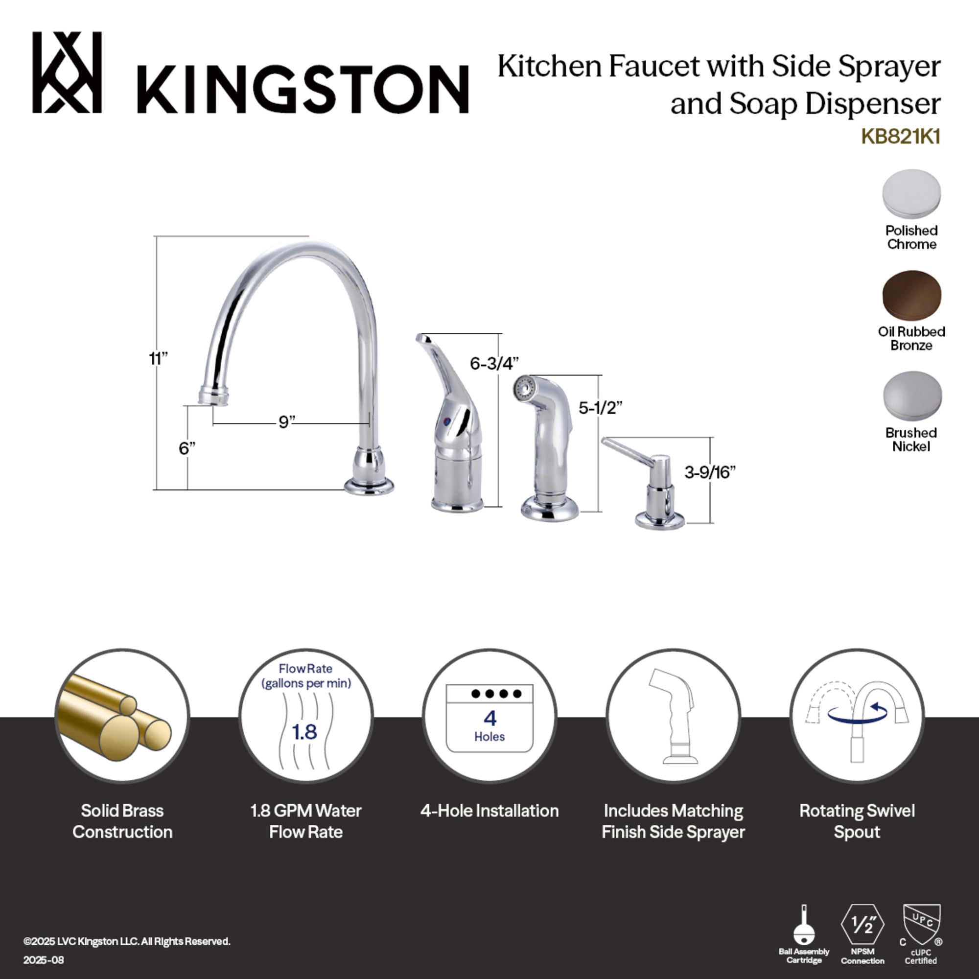 Kingston Brass KB828K8 Chatham Single-Handle 4-Hole Widespread Kitchen Faucet with Side Sprayer and Soap Dispenser in Brushed Nickel
