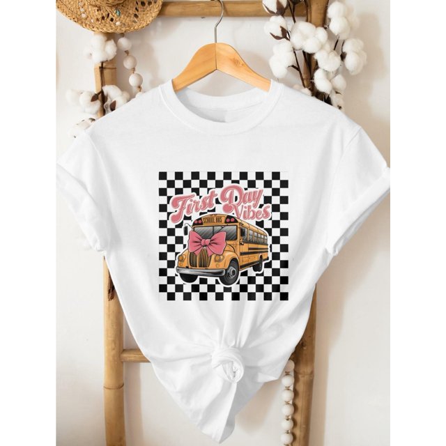 First Day of School Shirt - Kids' Soft Cotton T-Shirt with School Bus Graphic & Pink bow - Back to School outfit, Casual Top for Boys and Girls First Day of School attire, Comfortable Round Neck