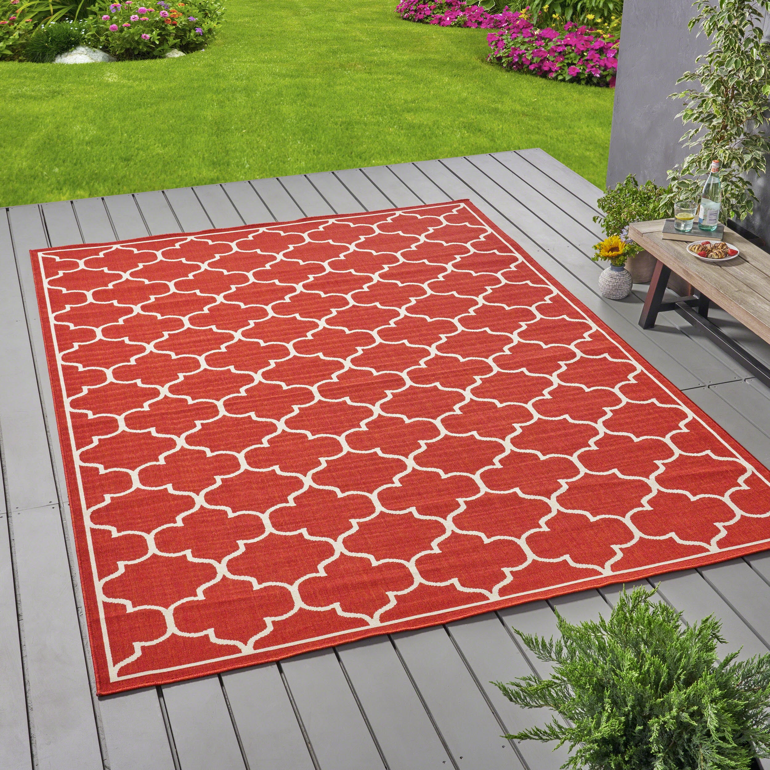 GDF Studio Vivian Outdoor Geometric 8' x 11' Area Rug, Red and Ivory