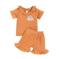 thumbnail image 1 of Toddler Girls Clothes Set Rainbow Pattern Short Sleeve Doll Neck Ribbed Tops Ruffled Elastic Waist Shorts Outfits, 1 of 9