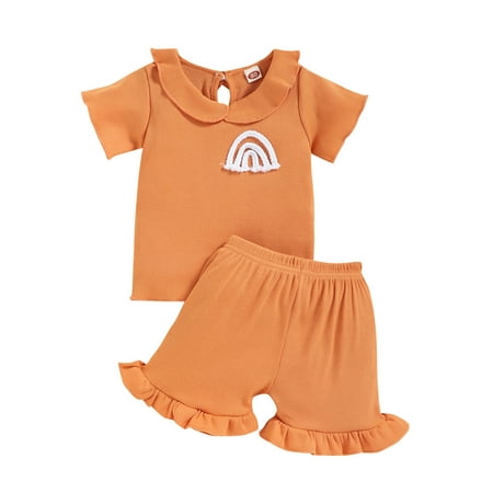 

Thaisu Little Girls 2Pcs Set Rainbow Pattern Short Sleeve Doll Neck Ribbed Tops + Ruffled Elastic Waist Shorts