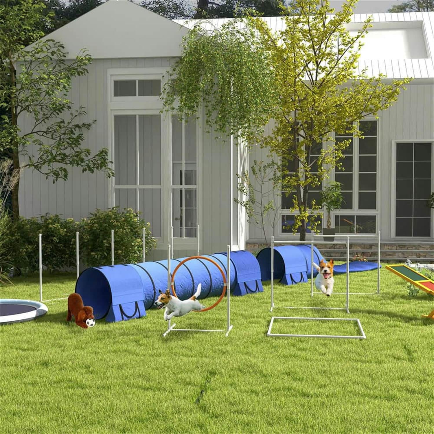 Kadyn 7 Piece Dog Agility Training Set with Tunnels, Weave Poles, Adjustable Hurdle, Jumping Ring, Pause Box for Indoor Outdoor Play, Blue